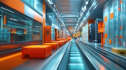 Fototapeta premium A modern parcel delivery shop with automated sorting systems and conveyors visible in the background