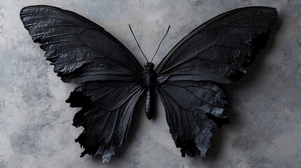 Torn black butterfly wings displayed in an artistic composition with textures and shadows adding depth