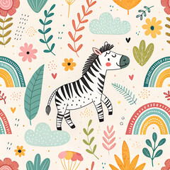 colorful seamless pattern for kids with funny zebra
