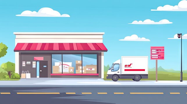 A parcel delivery shop with signage showing shipping rates, international zones, and delivery options