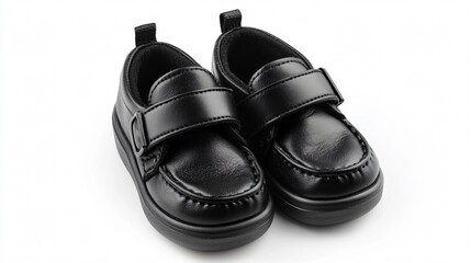 Classic black baby shoes with velcro straps, isolated on a stark white background