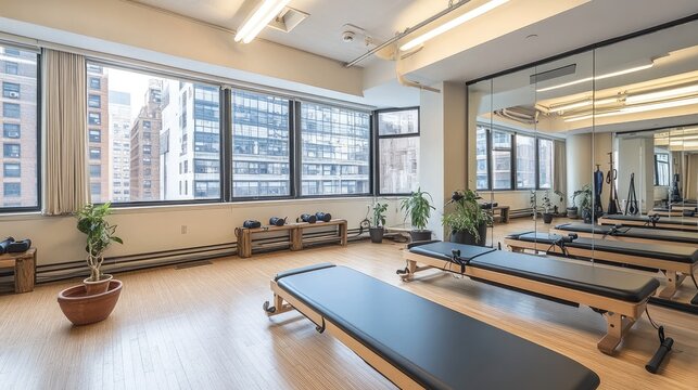 A Pilates studio with large mirrors and natural lighting, creating a calm and inviting atmosphere