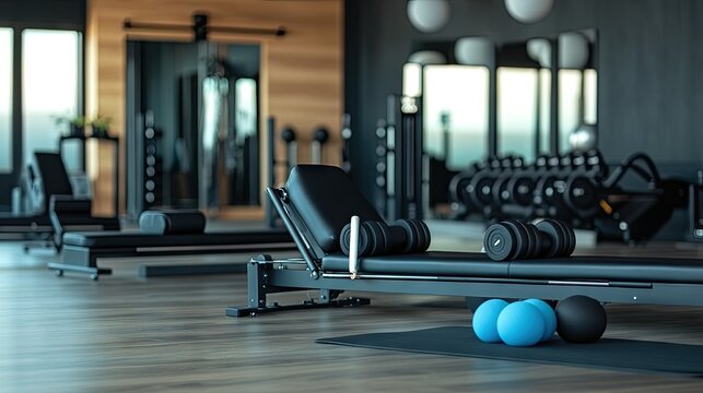 A professional studio setup with neatly aligned reformer machines, mats, and props for a Pilates session