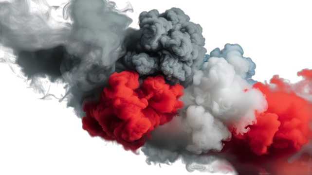 a dark background and two contrasting clouds of smoke: one in shades of gray and the other in a vibrant red. The smoke have a textured appearance, creating a sense of depth and movement