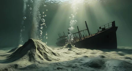 A deep blue sea wreck of a ship, an abstract texture of underwater light on the ocean floor