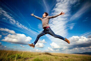 Obraz premium man jumping with hands in air.happiness,freedom