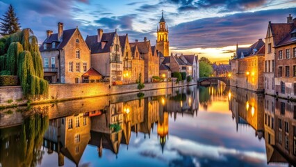 Fototapeta premium Old Town of Bruges at Evening with Canal and Buildings, picturesque, night scene, picturesque, night scene, monastery