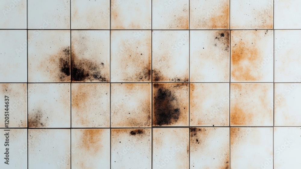 Poster close-up of a stained tile wall featuring rust spots and dark patches. ideal for backgrounds or text