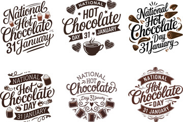 Fototapeta premium Set of National Hot Chocolate Day to celebrate on January 31st. Bold text and calligraphic text with chocolate bar pieces on beige background. Drink event banner.