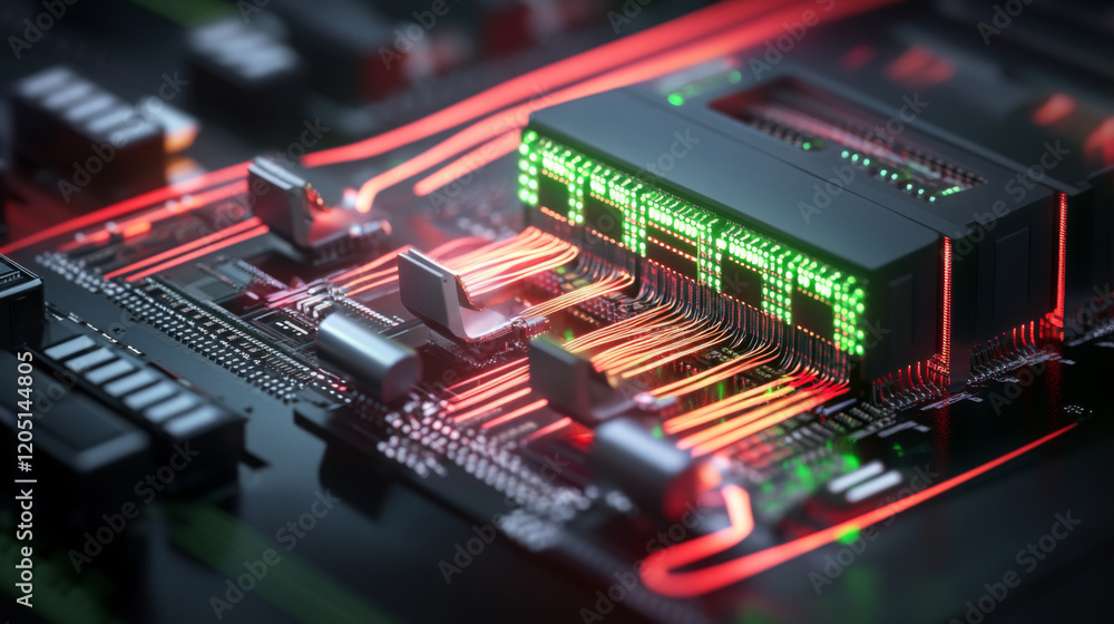 Poster close up of circuit board with glowing components and intricate wiring