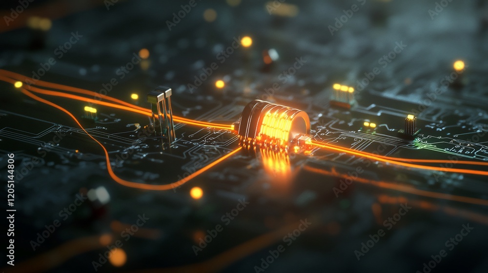 Aufkleber close-up of a circuit board with glowing orange traces and components showcasing technological infra
