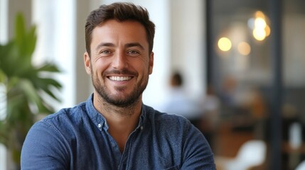 Fototapeta premium Happy man smiling office portrait, blurred background