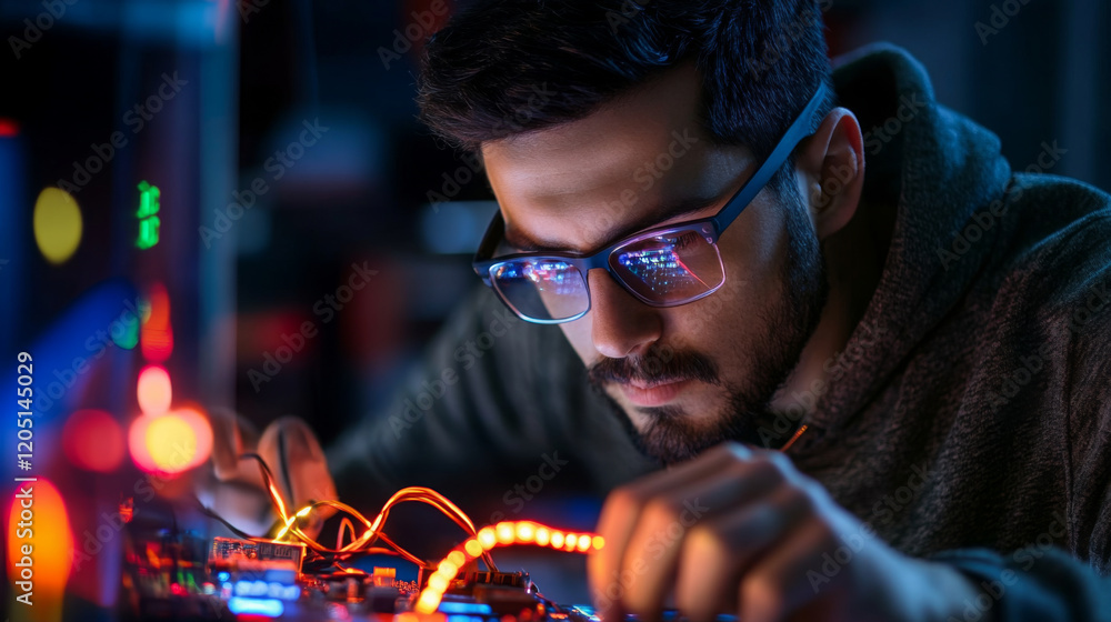 Poster cybersecurity analyst working on lan server with colorful lights