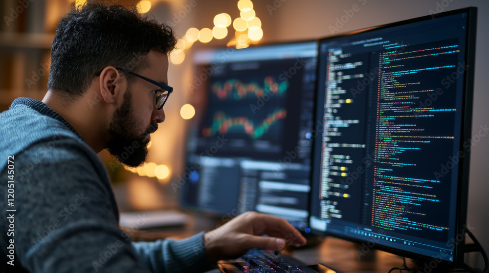 Poster cybersecurity analyst working on lan server with multiple monitors, focused and engaged