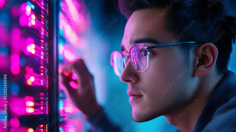 Poster cybersecurity expert analyzing data on lan servers with vibrant lights