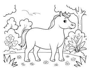 Coloring page of horse for kids coloring book
