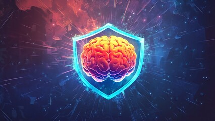 An illustration of a glowing colourful brain surrounded by a shield of light, symbolizing mental resilience and protection