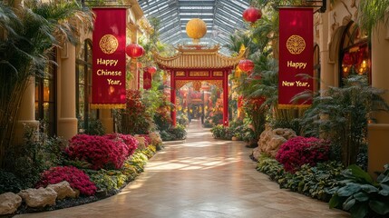 Festive Gateway With Red and Gold Banners For Celebratory Occasion