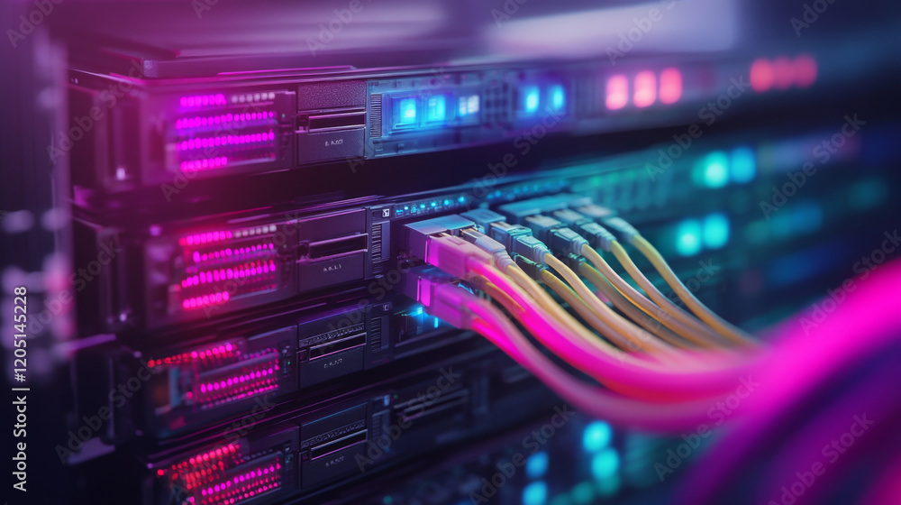 Poster high tech server with colorful led lights and network cables connected