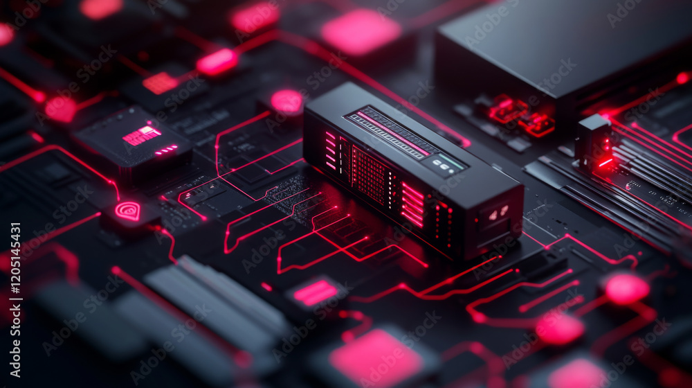 Poster high tech circuit board with glowing red elements and server unit