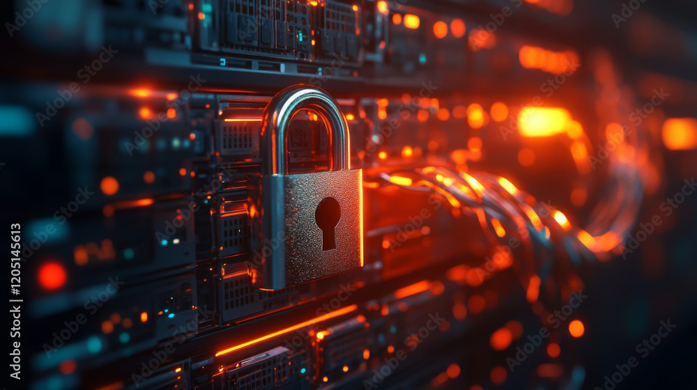 Poster digital lock on server, symbolizing cybersecurity and data protection