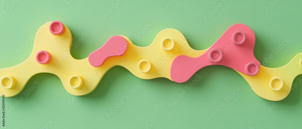 Poster colorful abstract shapes arranged on a vibrant green background, creating a playful and dynamic visu