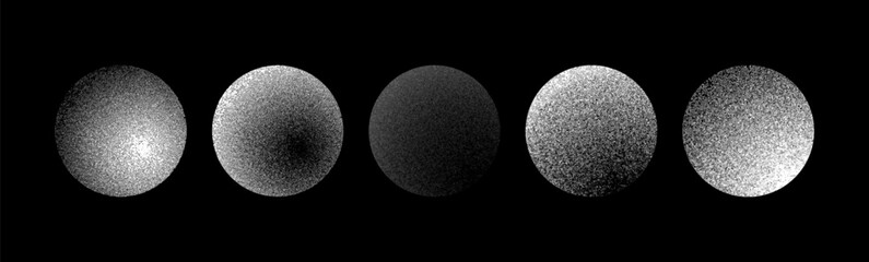 Set of grain dot spheres with shades of grey on the black background