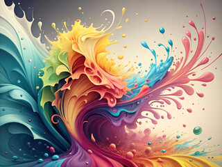 Rainbow Splash: An explosion of vibrant colors in a dynamic, swirling composition.  A captivating digital painting showcasing the fluidity and energy of mixed paints.