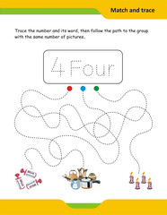 Prewriting skills, Number and word tracing sheet for preschoolers, Handwriting practice for kids. Fine motor skills. Line tracing worksheet. Activity page for kids. pen control.