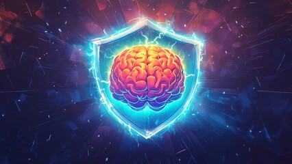 An illustration of a glowing colourful brain surrounded by a shield of light, symbolizing mental resilience and protection
