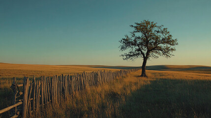 Obraz premium Prairie Solitude: A lone tree stands sentinel on a vast golden prairie, a rustic wooden fence meandering alongside, under a serene, clear sky. The setting sun casts long shadows.
