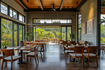 Obraz premium Spacious Bright Cafe Interior with Concrete Walls Wooden Floor and Stylish Seating
