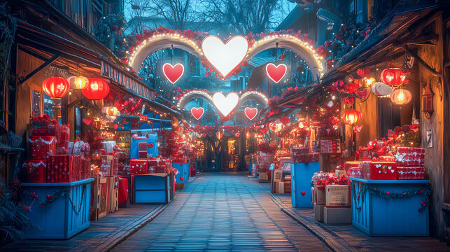 Romantic festive street adorned with lights, hearts, and decorations in a charming market at twilight