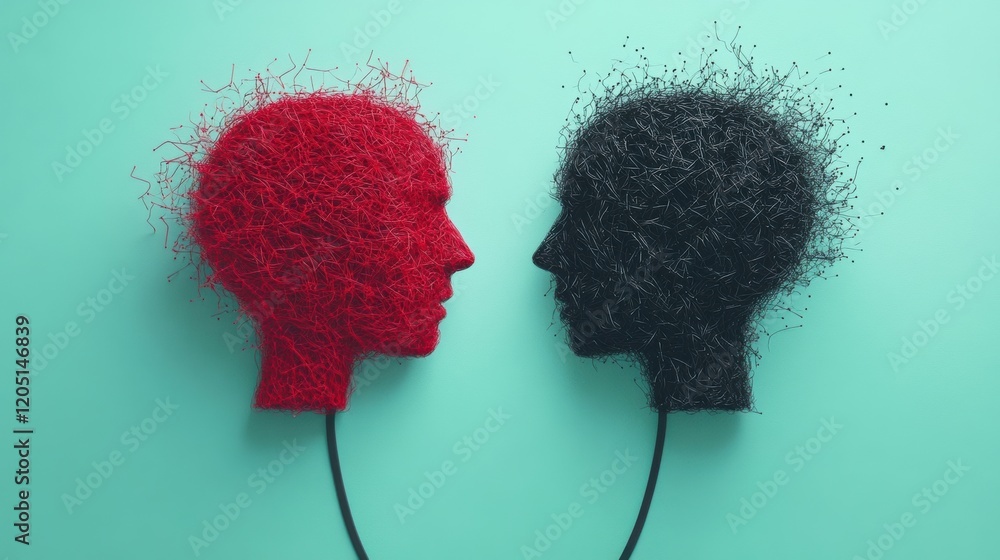 Poster abstract representation of duality, depicting two heads made from threads, symbolizing contrasting e