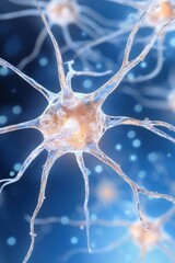 A close-up view of a neuron illustrating its intricate structure and connection in a vibrant blue background, showcasing neural activity.