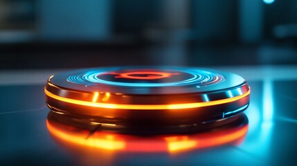 Futuristic glowing circular platform with red and blue accents on dark surface