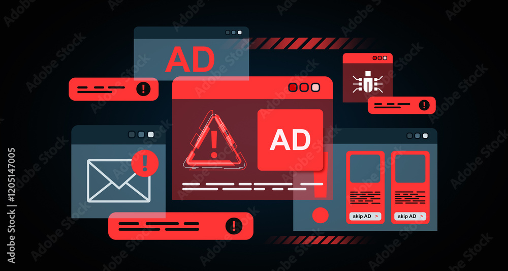 Poster illustration of internet security threats with red alerts and symbols on dark background. 3d renderi