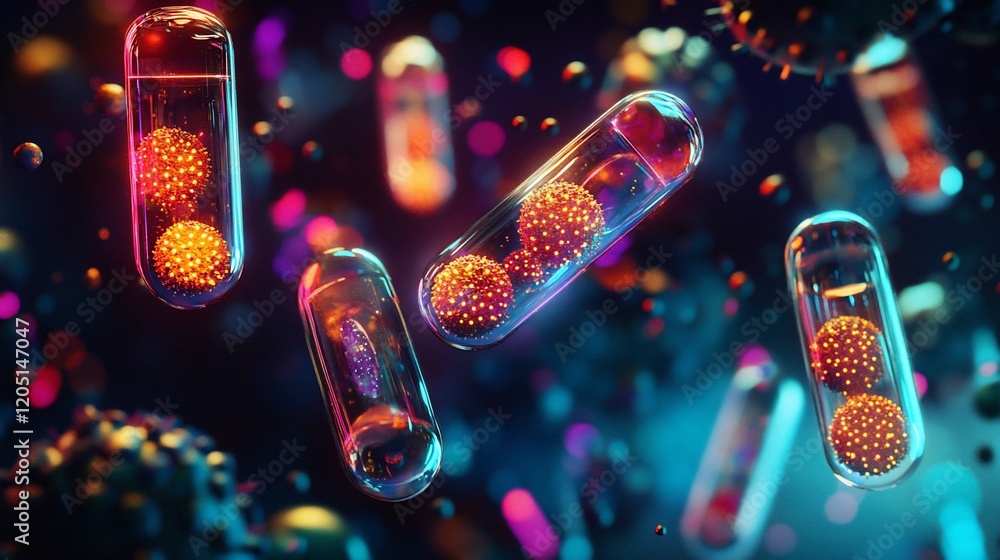 Poster microscopic view of encapsulated viruses or pathogens in capsules with a dark background