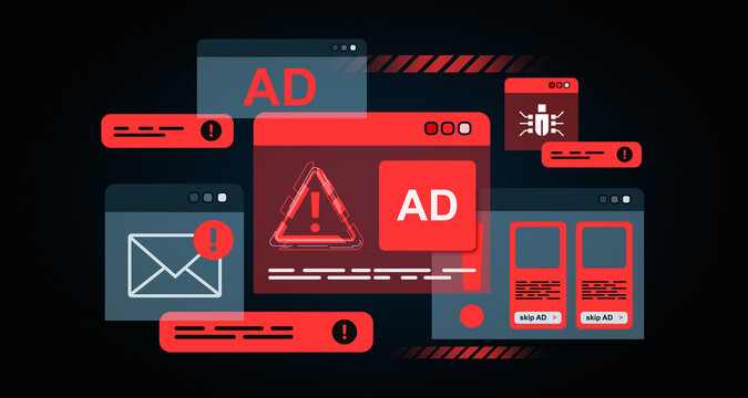 Illustration of internet security threats with red alerts and symbols on dark background. 3D Rendering