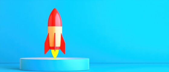 A vibrant rocket model launching against a blue background, symbolizing ambition, exploration, and innovation in technology.