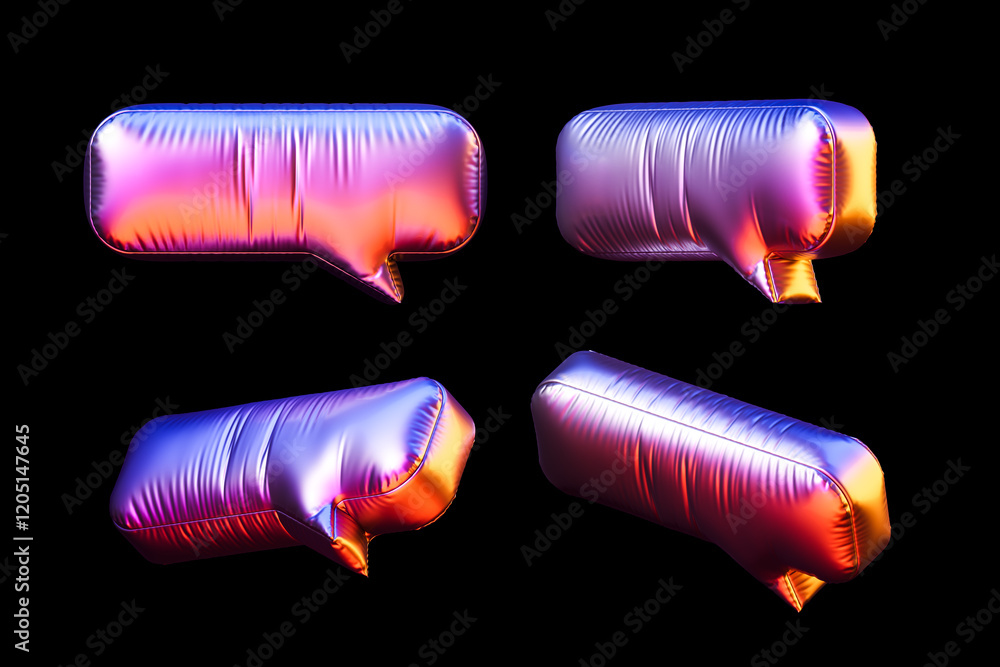 Aufkleber metallic gradient chat bubble designs floating on black background. 3d rendering