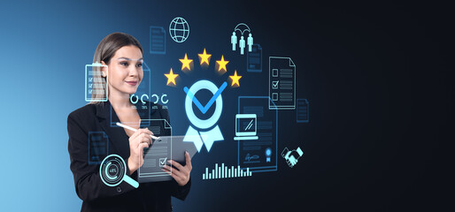 Businesswoman interacting with virtual review icons and five-sta