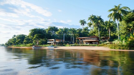 Tropical beach houses, calm river, lush jungle, sunrise, real estate