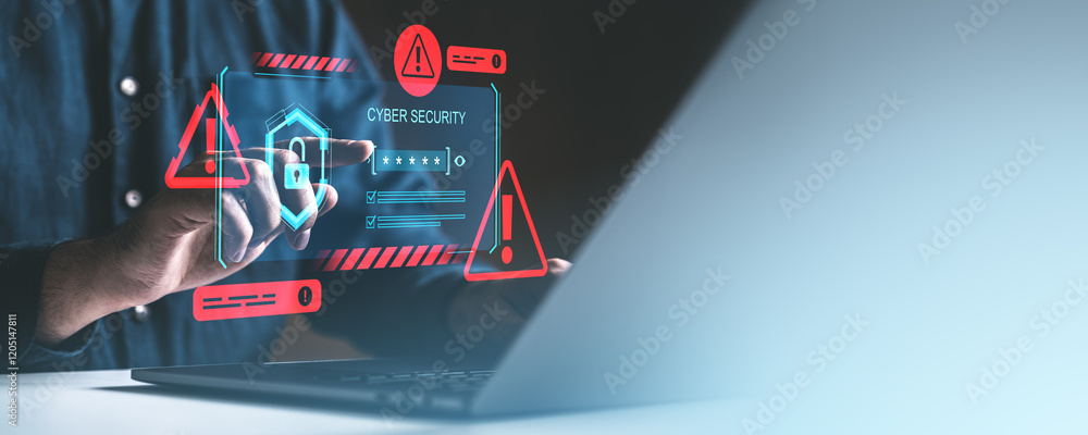 Poster cybersecurity warning interface with person interacting with padlock.