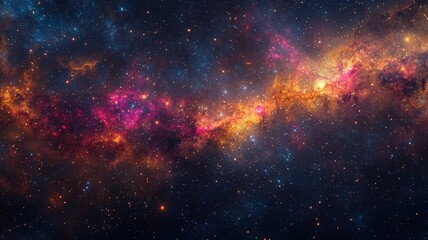 Obraz premium view of the Milky Way's galactic core, glowing with radiant hues of gold, pink, and deep blue