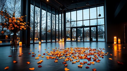 Romantic lobby setting with petals, candles, and flowers, showcasing modern architecture for event promotion
