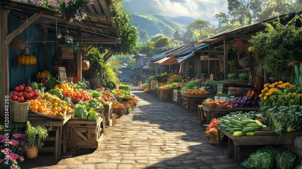 Aufkleber lively farmers market filled with colorful fruits and vegetables in a serene countryside setting dur