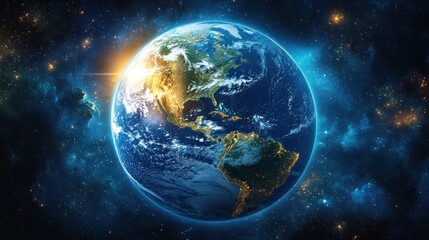 Obraz premium Realistic Depiction of Earth from Space Illuminated in Bright Colors