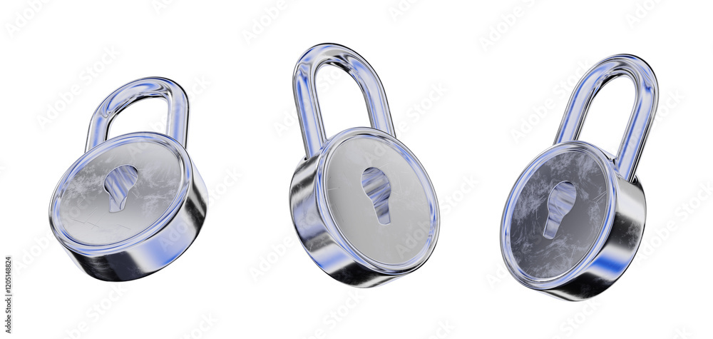 Poster three metallic padlocks with reflective surfaces on a white background. 3d rendering