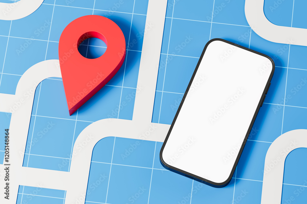 Poster smartphone mockup on a blue map background with a red location pin. 3d rendering